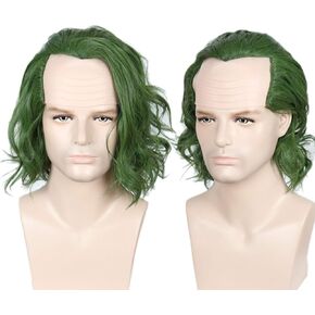 Linfairy Short Bald Clown Wig Halloween Cosplay Costume Green Curly Wig
