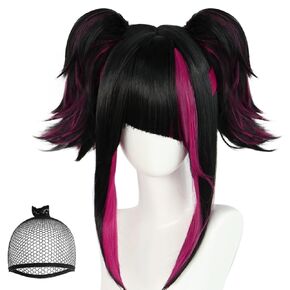 Juri Wig with Bangs Street Fighter Wig for Women Short Black and Pink Wig with Micro Roll Ponytail for Anime Halloween Costume Party Outfit for Christmas Synthetic Wig+ Wig Cap