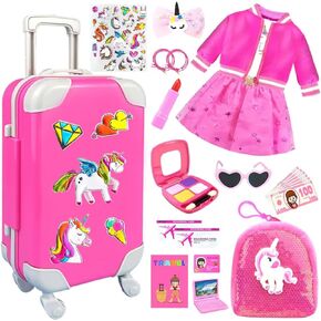 23Pcs 18 Inch Girl Doll Accessories Case Luggage Travel Play Set with Doll Clothes Cute Bag Computer Glasses Pretend Makeup Toy Stickers Doll Stuff Fit 18 inch Doll Christmas Birthday Gift