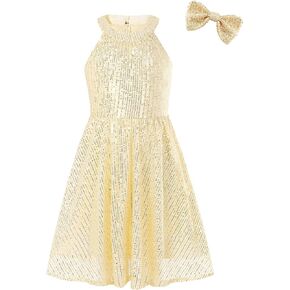 EXARUS Girls Halter Neck Sequin Dress Sleeveless Sparkly A-Line/Bodycon Dress for Girl Formal Special Occasion 6-14Y