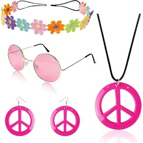4-Piece Hippie Costume Set including Peace Symbol Necklace and Earrings, corolla Headband and Colorful Hippie Sunglasses