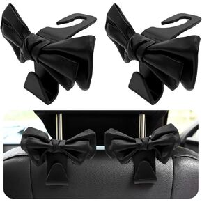 2 PCS Car Seat Headrest Hooks, Cute Bow Shaped Vehicle Backseat Storage Hooks, Leather Bow Shaped Sturdy Car Seat Back Hooks for Purses/Coats/Umbrellas, Car Accessories (Black)