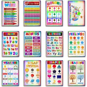 Set of 12 Educational Posters for Preschoolers & Toddlers - Alphabet, Numbers, Shapes, Colors, Seasons, and More | Must-Have Classroom Materials for Kindergarten | Days of the Week, and ABC Alphabet
