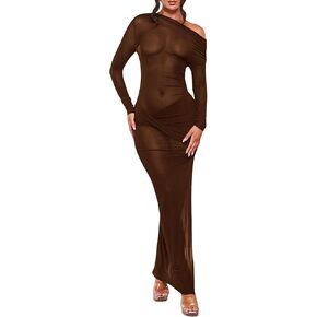 Floerns Women's Asymmetrical Neck Sheer Mesh Long Sleeve Evening Bodycon Maxi Dress