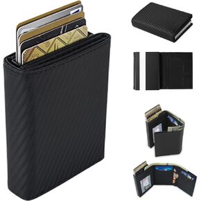 Minimalist Wallet for Men-Pop Up Business Card Case,with Money Clip Carbon Fiber Slots Credit Card Holder RFID Blocking Trifold Slim Wallet with ID Window and Coin Purse(Black Card Wallet for Men Gift