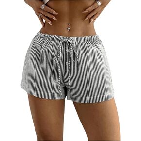 SHENHE Women's Striped Low Rise Shorts Drawstring Tie Button Front Summer Casual Mini Shorts