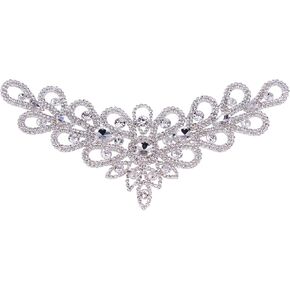 Handmade Rhinestone Delicate V-Neck Neckline Sew On Crystal Applique Patches Wedding Dresses DIY Decoration (Gold)