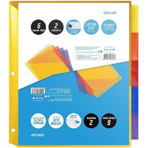 5-Tab Plastic Binder Dividers w/ 2 Pockets, Insertable Big Tabs, 1 Set