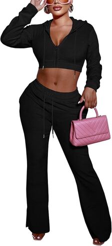 SMSN Womens 2 Piece Velvet Sweatpants Two Piece Outfits for Women Long Sleeve Zip Up Crop Tops Velour Tracksuit Sets in Saudi Arabia