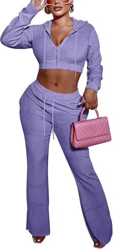 SMSN Womens 2 Piece Velvet Sweatpants Two Piece Outfits for Women Long Sleeve Zip Up Crop Tops Velour Tracksuit Sets in Saudi Arabia