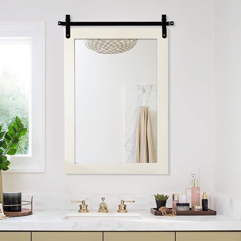 Farmhouse Mirror Wall Mounted Rustic - 25"*20“ Inspirational Barn Door Mirror with White Wooden Frame Rectangular Mirror for Wall Decorative Entryway, Bathroom, Living Room, Dining Room, Bedroom in Saudi Arabia