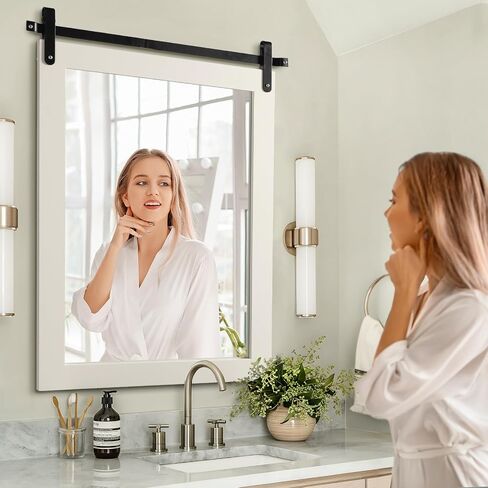 Farmhouse Mirror Wall Mounted Rustic - 25"*20“ Inspirational Barn Door Mirror with White Wooden Frame Rectangular Mirror for Wall Decorative Entryway, Bathroom, Living Room, Dining Room, Bedroom in Saudi Arabia