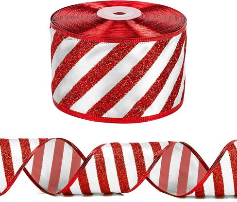 WRAPAHOLIC Christmas Wired Ribbon - 2.5 Inch x 25 Yard Each Roll - Red and White Stripe Ribbon - Red Wired Edge in Saudi Arabia