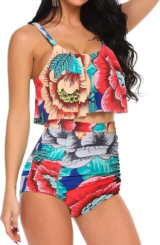 ADOME Women Bikini Set Tummy Control Swimsuit Two Piece High Waist Floral Swimwear Plus Size in Saudi Arabia