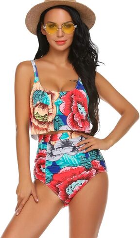 ADOME Women Bikini Set Tummy Control Swimsuit Two Piece High Waist Floral Swimwear Plus Size in Saudi Arabia