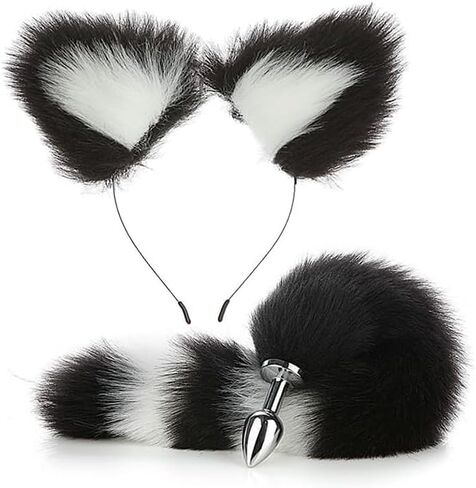 Wolf Fox Furry Tail Plug and Ears Headband Animal Costume Fancy Dress Halloween Adjustable Faux Fur Tail and Ears in Saudi Arabia