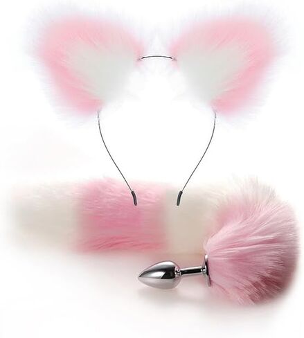 Wolf Fox Furry Tail Plug and Ears Headband Animal Costume Fancy Dress Halloween Adjustable Faux Fur Tail and Ears in Saudi Arabia
