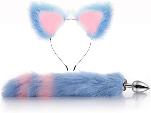 Wolf Fox Furry Tail Plug and Ears Headband Animal Costume Fancy Dress Halloween Adjustable Faux Fur Tail and Ears in Saudi Arabia
