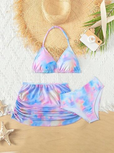 OYOANGLE Girl's 3 Pieces Bikini Set Tie Dye High Waist Halter Swimsuit with Drawstring Coverups Swimwear in Saudi Arabia