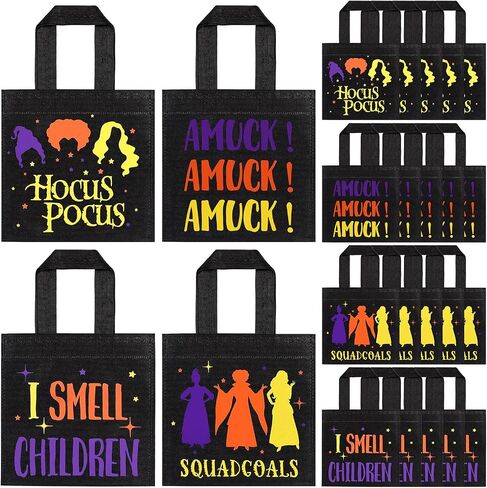 Whaline 24 Pack Halloween Non-Woven Bags Reusable Hocus Pocus Witch Theme Tote Gift Bag Trick or Treat Party Favor Bag Candy Goodie Bag with Handle for Kids Teens Birthday Supplies, 4 Design in Saudi Arabia