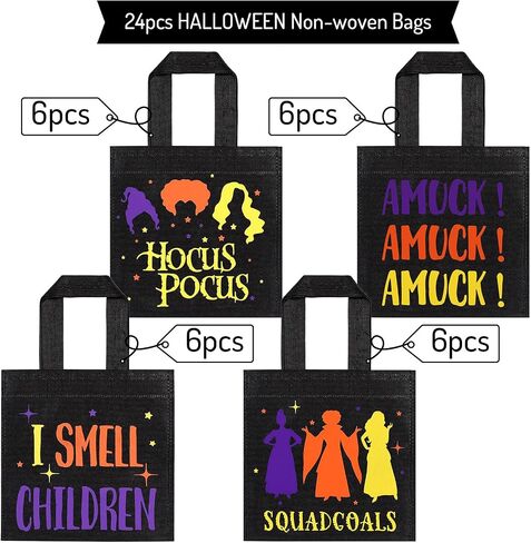 Whaline 24 Pack Halloween Non-Woven Bags Reusable Hocus Pocus Witch Theme Tote Gift Bag Trick or Treat Party Favor Bag Candy Goodie Bag with Handle for Kids Teens Birthday Supplies, 4 Design in Saudi Arabia