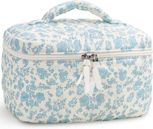 Prite Large Makeup Bag Cute Cosmetic Bag for Women Floral Coquette Aesthetic Toiletry Bag Travel Make Up Organizer Bag(Blue Flower) in Saudi Arabia