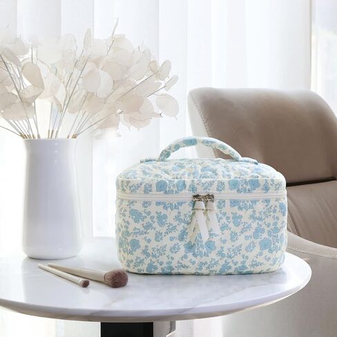 Prite Large Makeup Bag Cute Cosmetic Bag for Women Floral Coquette Aesthetic Toiletry Bag Travel Make Up Organizer Bag(Blue Flower) in Saudi Arabia