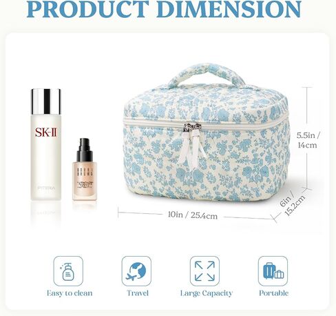 Prite Large Makeup Bag Cute Cosmetic Bag for Women Floral Coquette Aesthetic Toiletry Bag Travel Make Up Organizer Bag(Blue Flower) in Saudi Arabia