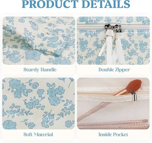 Prite Large Makeup Bag Cute Cosmetic Bag for Women Floral Coquette Aesthetic Toiletry Bag Travel Make Up Organizer Bag(Blue Flower) in Saudi Arabia
