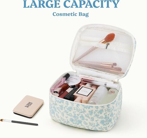Prite Large Makeup Bag Cute Cosmetic Bag for Women Floral Coquette Aesthetic Toiletry Bag Travel Make Up Organizer Bag(Blue Flower) in Saudi Arabia