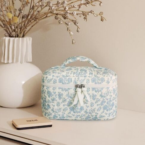 Prite Large Makeup Bag Cute Cosmetic Bag for Women Floral Coquette Aesthetic Toiletry Bag Travel Make Up Organizer Bag(Blue Flower) in Saudi Arabia
