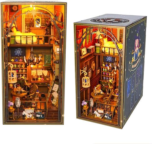 لغز حامل كتب خشبي ثلاثي الأبعاد DIY لبيت الدمى الخشبي، طقم بناء نموذج زاوية الكتاب مع ضوء LED للمراهقين والكبار لبناء هدية إبداعية لأعياد الميلاد وعيد الميلاد والهالوين in Kuwait