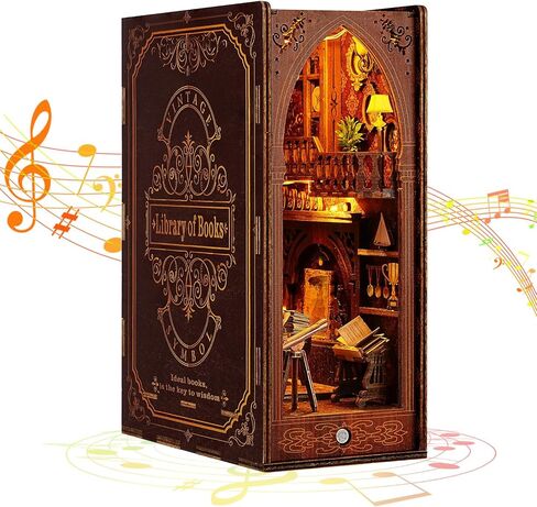 KKUYT Book Nook Kit، DIY Dollhouse Mini Booknook Kit رف الكتب إدراج ديكور كتاب الزوايا بناء نموذج مع مستشعر الضوء والموسيقى، الخشب 3D لغز Bookend ديكور للبالغين المراهقين عطلة عيد ميلاد هدية in Kuwait