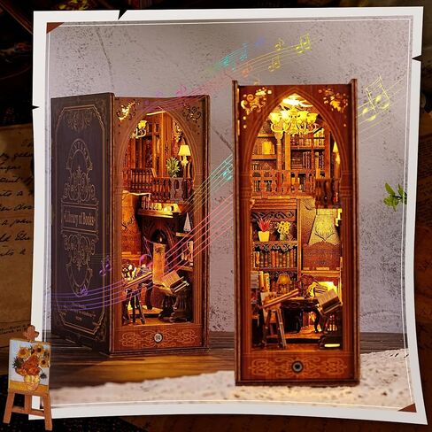 KKUYT Book Nook Kit، DIY Dollhouse Mini Booknook Kit رف الكتب إدراج ديكور كتاب الزوايا بناء نموذج مع مستشعر الضوء والموسيقى، الخشب 3D لغز Bookend ديكور للبالغين المراهقين عطلة عيد ميلاد هدية in Kuwait