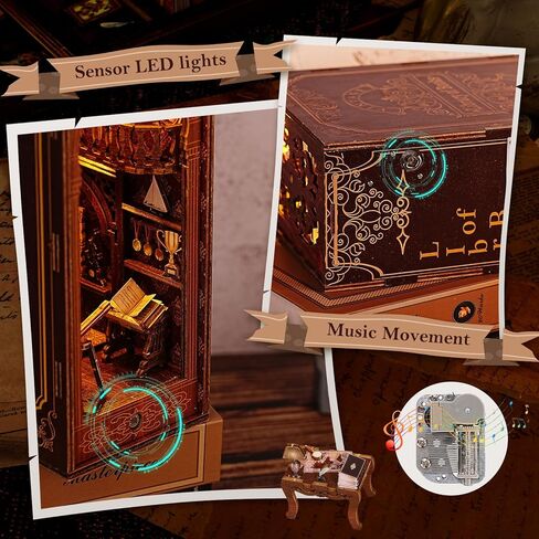 KKUYT Book Nook Kit، DIY Dollhouse Mini Booknook Kit رف الكتب إدراج ديكور كتاب الزوايا بناء نموذج مع مستشعر الضوء والموسيقى، الخشب 3D لغز Bookend ديكور للبالغين المراهقين عطلة عيد ميلاد هدية in Kuwait