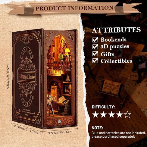 KKUYT Book Nook Kit، DIY Dollhouse Mini Booknook Kit رف الكتب إدراج ديكور كتاب الزوايا بناء نموذج مع مستشعر الضوء والموسيقى، الخشب 3D لغز Bookend ديكور للبالغين المراهقين عطلة عيد ميلاد هدية in Kuwait