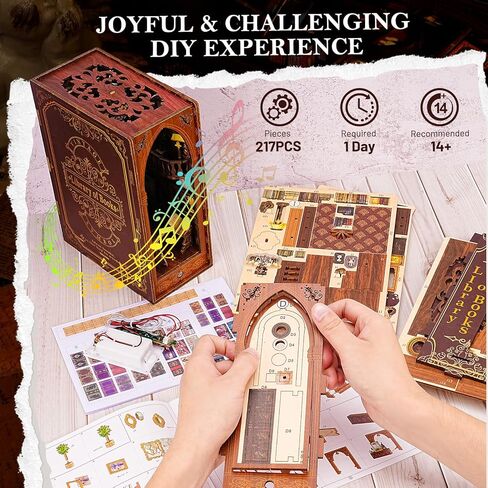 KKUYT Book Nook Kit، DIY Dollhouse Mini Booknook Kit رف الكتب إدراج ديكور كتاب الزوايا بناء نموذج مع مستشعر الضوء والموسيقى، الخشب 3D لغز Bookend ديكور للبالغين المراهقين عطلة عيد ميلاد هدية in Kuwait