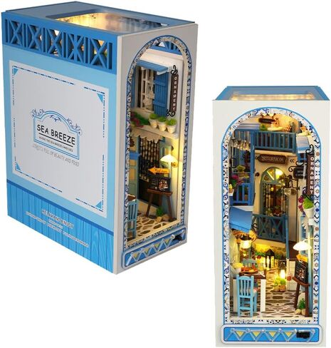DIY Book Nook Kit 3D Wood Book Stand Puzzle DIY Dollhouse Wood Bookends بناء نموذج لغز لعبة مع ضوء LED للمراهقين والكبار بناء الهدايا الإبداعية (نسيم البحر) in Saudi Arabia