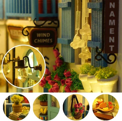 DIY Book Nook Kit 3D Wood Book Stand Puzzle DIY Dollhouse Wood Bookends بناء نموذج لغز لعبة مع ضوء LED للمراهقين والكبار بناء الهدايا الإبداعية (نسيم البحر) in Saudi Arabia