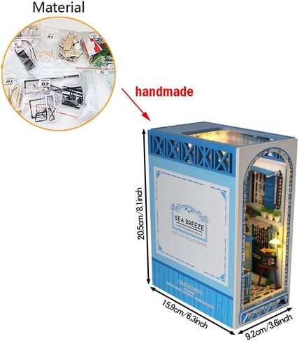 DIY Book Nook Kit 3D Wood Book Stand Puzzle DIY Dollhouse Wood Bookends بناء نموذج لغز لعبة مع ضوء LED للمراهقين والكبار بناء الهدايا الإبداعية (نسيم البحر) in Saudi Arabia