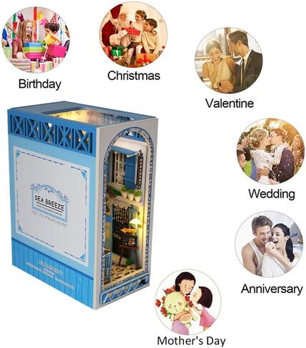 DIY Book Nook Kit 3D Wood Book Stand Puzzle DIY Dollhouse Wood Bookends بناء نموذج لغز لعبة مع ضوء LED للمراهقين والكبار بناء الهدايا الإبداعية (نسيم البحر) in Saudi Arabia