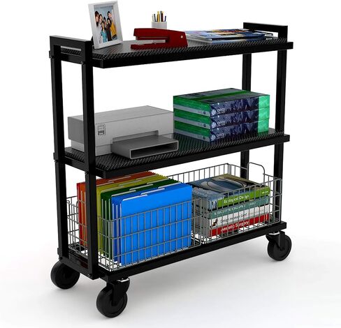 نظام عربة تخزين متنقلة من أتلانتيك، مع أرفف وسلال قابلة للتبديل، إطار فولاذي مطلي بالكامل، 3 طبقات، عجلات دوارة للتنقل، PN 23350329، باللون الأسود in Kuwait
