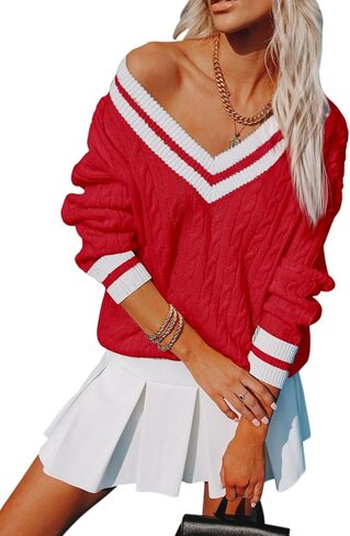Womens V Neck Oversized Sweaters Long Sleeve Cable Knit Pullover Striped Chunky Sweater Casual Tennis Tunic Tops - Red S in Saudi Arabia