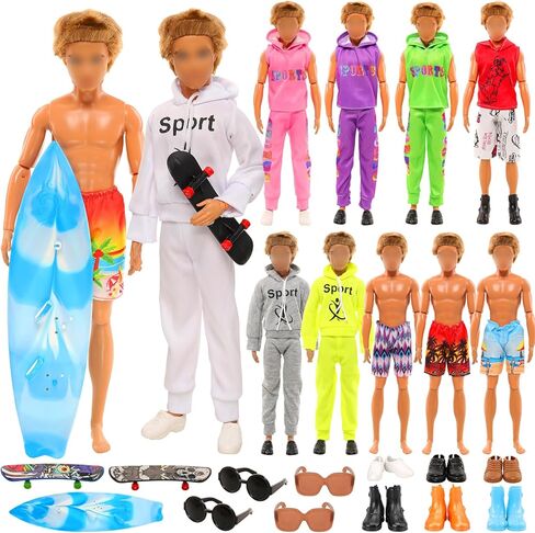Miunana 12 بوصة بوي دمية رياضية بدلات 15 قطعة ملابس دمية ذكر وإكسسوارات لوح التزلج بوي دمية ملابس أحذية ونظارات شمسية رجل دمية السباحة جذوع أزياء بوي دمية مجموعات رياضية in Kuwait