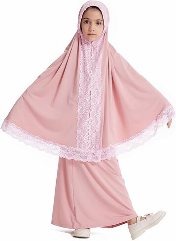FYMNSI عبايات إسلامية للبنات فستان عباية للأطفال غطاء كامل دانتيل حجاب إسلامي قفطان خيمار طقم تنورة دبي فستان صلاة 2 قطعة in Saudi Arabia