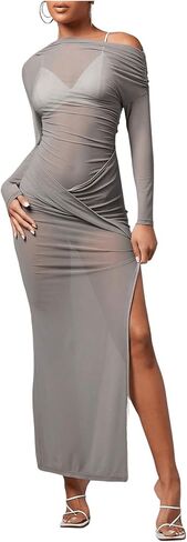 Floerns Women's Asymmetrical Neck Sheer Mesh Long Sleeve Evening Bodycon Maxi Dress in Saudi Arabia