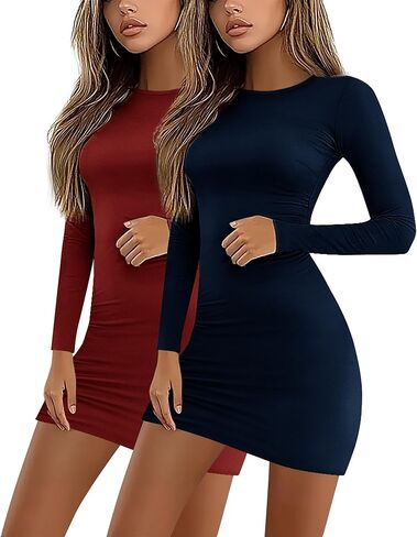 2 Pack Women's Club Long Sleeve Mini Dresses Boat Neck Slim Fit Bodycon Dresses Casual Short Party Dresses Fall 2024 in Kuwait