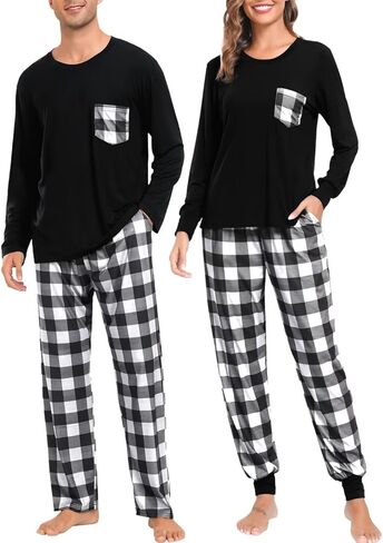 LecGee Matching Family Pajama Set Christmas Couple Plaid Sleepwear Xmas Long Sleeve Lounge Set Men&Women Button Down Pjs Set in Kuwait