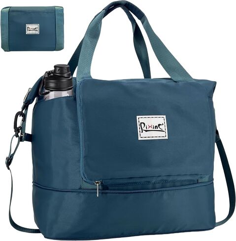 Foldable Travel Bag Expandable Travel Duffel Bag, Weekender Overnight Carry On Bag for Women with Detachable Shoulder Strap, Wet Compartment & Water Bottle Pockets (Peacock Blue) in Kuwait