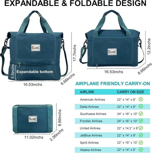 Foldable Travel Bag Expandable Travel Duffel Bag, Weekender Overnight Carry On Bag for Women with Detachable Shoulder Strap, Wet Compartment & Water Bottle Pockets (Peacock Blue) in Kuwait